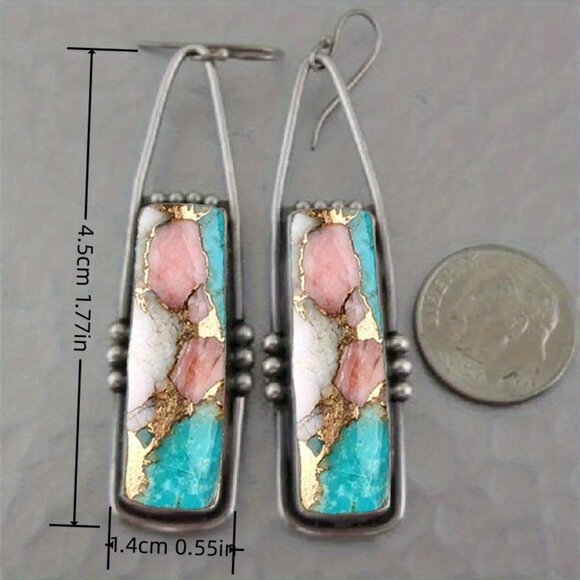 1pair Fashion Bohemian Earrings, Retro Rectangular Dangle Earrings - Picture 3 of 5